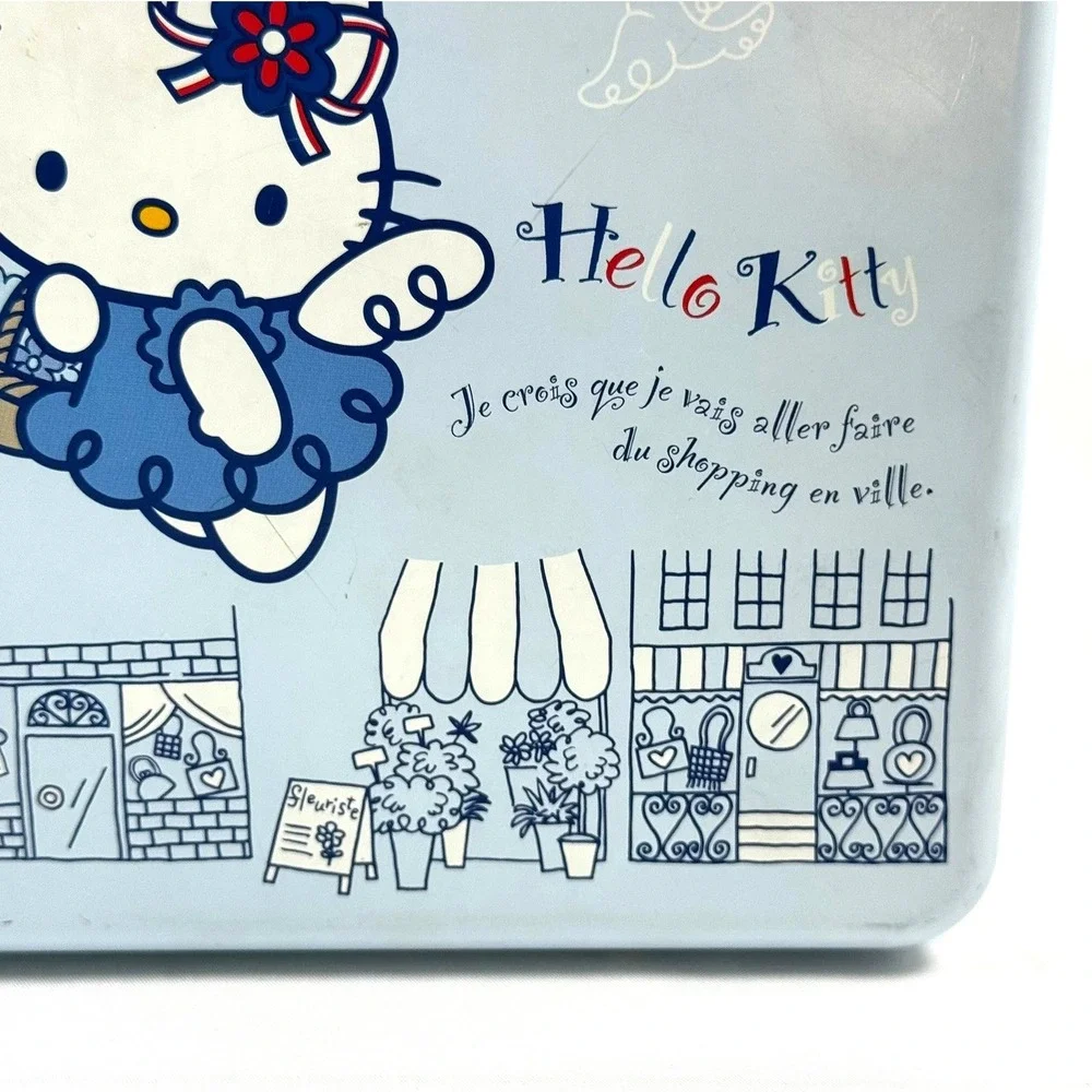 VTG 2002 Sanrio Hello Kitty Metal Lunch Box Tin French Cafe Blue Y2K Stationery